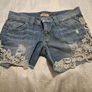 Guess Women's Light Blue Jean Shorts with Lace Accents